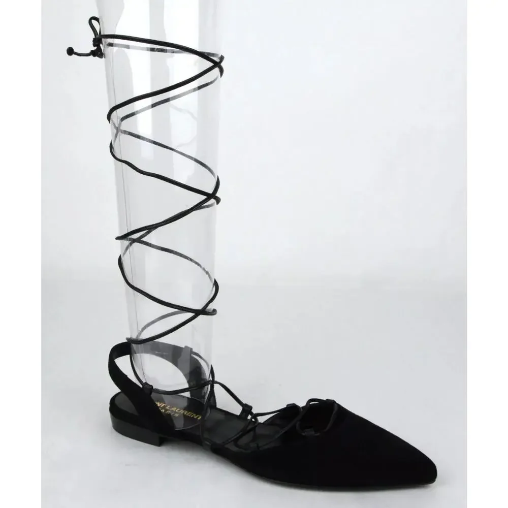 Saint Laurent Black Suede Lace Up Gladiator Pointed Toe Ballet Flats EU 37.5 YSL